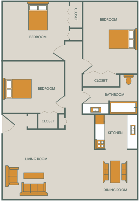 Floor plan for 3 beds, 1 bath, 950 sqft